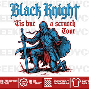 Puede incluir: Una ilustración gráfica de un caballero con armadura azul arrodillado con una espada y un escudo. El texto dice Black Knight 'Tis but a scratch Tour. Al caballero le falta un brazo y lleva una tela roja bajo la armadura sobre fondo blanco.