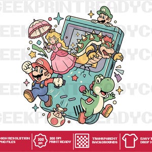 May include: A digital illustration featuring a teal handheld gaming console with Mario, Princess Peach, Luigi, Bowser, Yoshi, and Toad. The characters are arranged around the console, with Bowser emerging from the screen. Small stars and geometric shapes surround the figures, and the text GEEKPRINTREADYCO is repeated in the background.