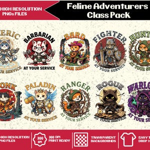 Può includere: Una collezione digitale di dieci illustrazioni Feline Adventurers Class Pack con gatti vestiti da chierico, barbaro, bardo, guerriero, cacciatore, monaco, paladino, ranger, ladro e stregone, ognuno con il testo At Your Service.