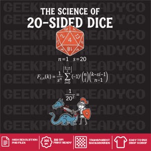 Könnte beinhalten: Ein Grafikdesign mit dem Text THE SCIENCE OF 20-SIDED DICE, einem roten 20-seitigen Würfel, mathematischen Formeln und einer Cartoon-Illustration eines Ritters mit Schwert und Schild, der einen blauen Drachen auf dunklem Hintergrund bekämpft.