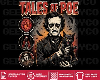 Tales of Poe PNG , Edgar Allan Poe DTF Sublimation File, Gothic Literature  Design, The Black Cat Vintage Horror Art (Digital Download)