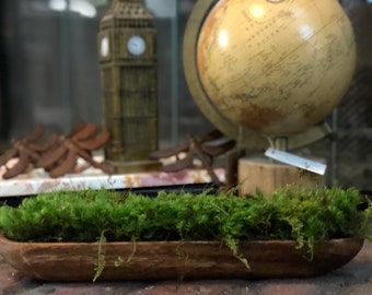 May include: A wooden trough planter filled with green moss. The planter is sitting on a table in front of a globe and a miniature Big Ben clock.
