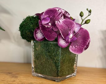 Faux Orchid Centerpiece: Real Moss in Glass Vase, No Maintenance