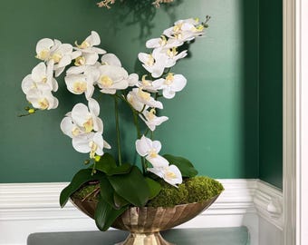 Gold Boat Vase with Preserved Moss Centerpiece, Faux White Orchids Option