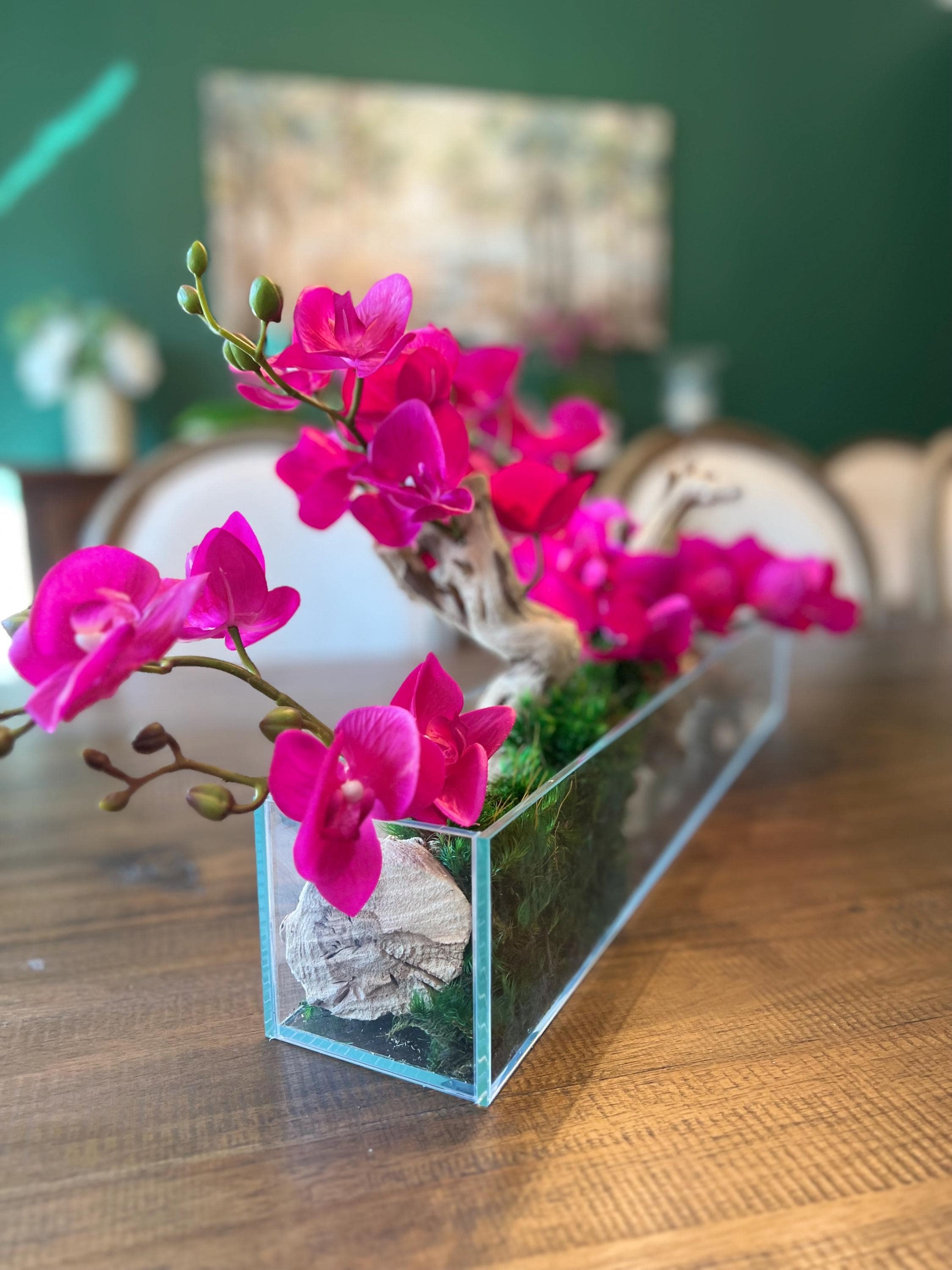 Faux Orchid & Moss Centerpiece: Sandblasted Grapevine, Glass Vase