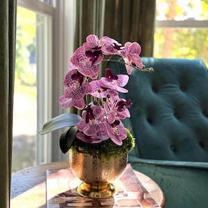 Faux Orchid Arrangement: Preserved Moss, Pedestal Bowl Table Decor
