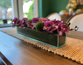 Real Moss and Faux Orchids Arrangement in Glass Vase, Maintenance Free