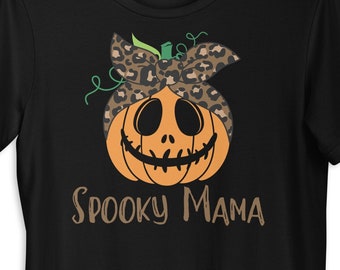 Spooky Mama Pumpkin Head Leopard Print Halloween T-shirt, Halloween Mom Shirt, Cute Pumpkin Spooky Halloween Tee