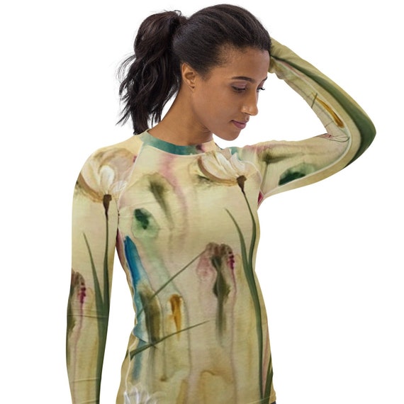 Women's Rash Guard Wildflowers Art Print, Floral Swimwear For Her, Unique Wearable Art For Swimwear, Long Sleeve Surf Protection With Art