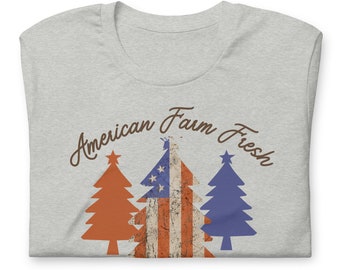 Koszulka American Farm Fresh Christmas Trees Prezent dla niej, Vintage USA Inspired Design Christmas Holiday T-shirt unisex, Koszulka świąteczna,