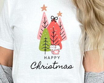 Wesołych Świąt Bożego Narodzenia Kot T-shirt Różowe Zielone Drzewa, Słodka Świąteczna Koszulka Prezent Unisex Tee