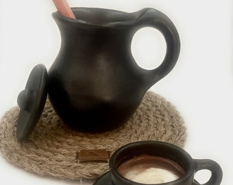 Chocolate or Water Pitcher Carafe with Lid 1.5 Liters  Black Clay 100%  Organic Handcraft Made in La Chamba Tolima Colombia