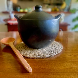 Set Clay Pot for Cooking  Black Clay Earthen 4 Lts Unglazed 1 Wood Spoon 1 Hot Pad Pot 100% Handmade in La Chamba Colombia