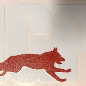 May include: White vinyl decal with the letters "LEP" in a bold, block font. A red silhouette of a dog running through the letters.
