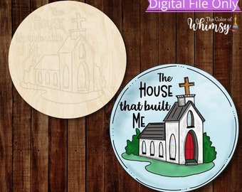 Archivo SVG de colgador de puerta - La casa que me construyó con iglesia - Archivos de corte para láser, archivo digital