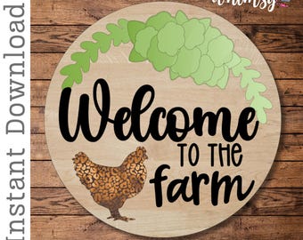Archivo SVG de bienvenida a la granja con gallina en capas - Archivos de corte para cortadores láser - Archivo de corte SVG de pollo