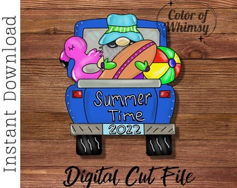 Archivo SVG de colgador de puerta - Camión de playa con gnomo - Archivos de corte para láser y archivo digital
