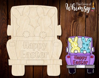 Easter Bunny Truck Wood Blank for Door Hanger and Wreath or Sign Attachment