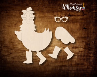 Chicken with Boots and Glasses - Unfinished Wood Shape - Door Hanger Unpainted Blank