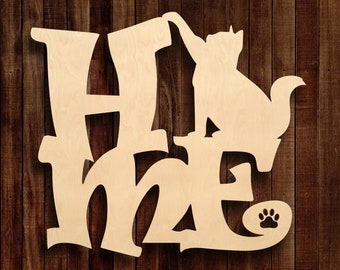 Home with Cat Shape - Wood Door Hanger Blank - Paint Parties or DIY Painting Ready to Paint Wood Shape, Great for Cat Lover
