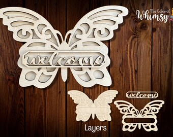 Butterfly Welcome Layered Unfinished Wood Shape, Laser Cut Door Hanger Blank Ready to Paint, Door Hanger Wreath and Sign Attachments
