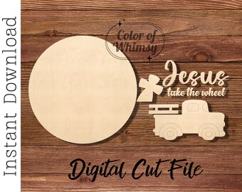 Archivo SVG para colgar en la puerta: Jesús toma el volante, camión rústico, archivo listo para usar con láser