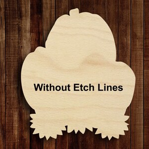 May include: A wooden cutout of a pumpkin with a stem and leaves. The cutout is blank and says "Without Etch Lines" in the center.
