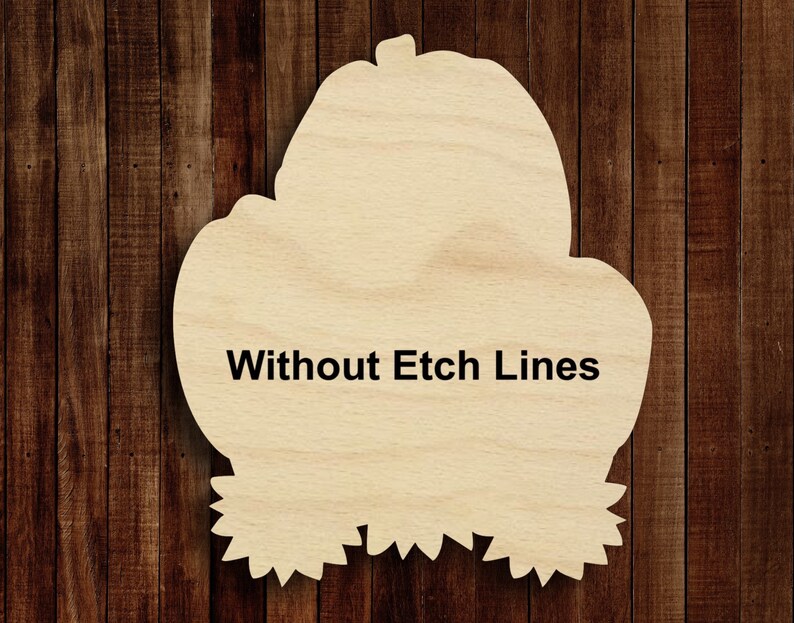 May include: A wooden cutout of a pumpkin with a stem and leaves. The cutout is blank and says "Without Etch Lines" in the center.