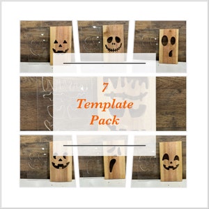 May include: Seven wooden Halloween-themed templates for crafting. The templates feature various jack-o'-lantern faces and a spooky ghost.