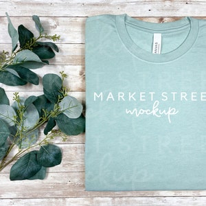 Folded T Shirt Mockup, 3001 Flatlay, Heather Dusty Blue Mockup, BC 3001, Tshirt Mock Ups, Flatlay Mockup