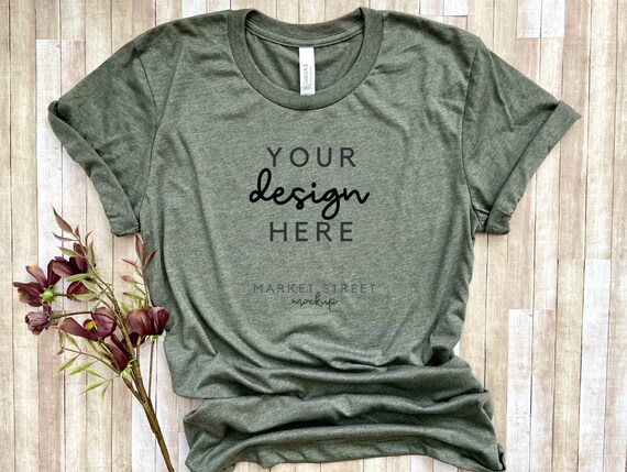 T Shirt Mockup Bella Canvas Heather Military Green Mockup Etsy