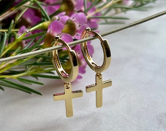 Gold Filled Cross Earrings~ Gold Huggie Cross Earrings~ Cross Huggie Earrings~ Cross Earrings~ Cross Jewelry~ Hoop Earrings~ Dainty Cross~