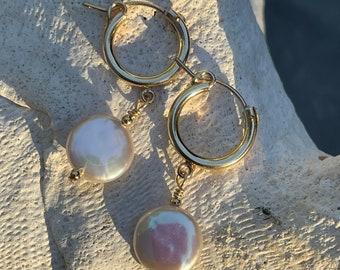 Coin Pearl Hoop Earring~ Freshwater Pearl Earrings~ Pearl Drop Earrings~ Coin Pearl Earrings~ Pearl Dangle~ Hoop Earrings~ 14k Gold Filled~