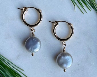 Light Grey Coin Pearl Hoop~ Freshwater Pearl~ Pearl Drop Earrings~ Coin Pearl Earrings~ Pearl Dangle~ Hoop Earrings~ 14k Gold Filled~