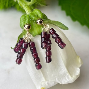 Garnet Gemstone Dangle Earrings~ Dangle Drop Earrings~ Dainty Earrings~ Gemstone Earrings~ Garnet~ January Birthstone~ Silver~ Gold Filled~
