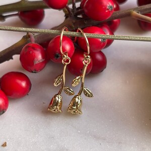 Dainty Gold Rose Earrings~ Rose Dangle Earrings~ Charm Earrings~ Dangle Drop Gold Earrings~ Gold Filled Earrings~ Flower Earrings~ Rose~