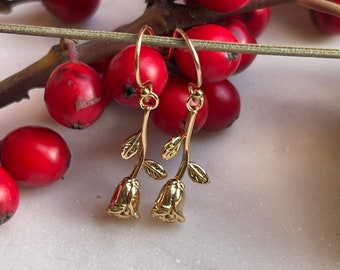 Dainty Gold Rose Earrings~ Rose Dangle Earrings~ Charm Earrings~ Dangle Drop Gold Earrings~ Gold Filled Earrings~ Flower Earrings~ Rose~
