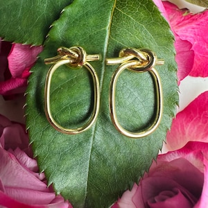 Puede incluir: Un par de pendientes de nudo de oro con una forma ovalada simple. Los pendientes se muestran en una hoja verde con pétalos de rosa rosa en el fondo.