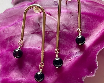 Gold Arch Earrings~Minimalist Earrings~ Boho Earrings~ Black onyx~ Post Earring~ Statement Earrings~ Geometric Earrings~ Bohemian Earrings~