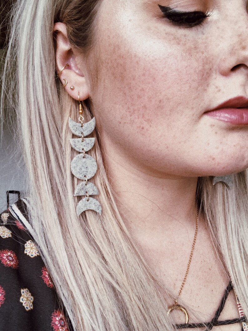 The Moon Phases in Granite Grey Moon Phase Polymer Clay Earrings Minimalist Geometric Statement