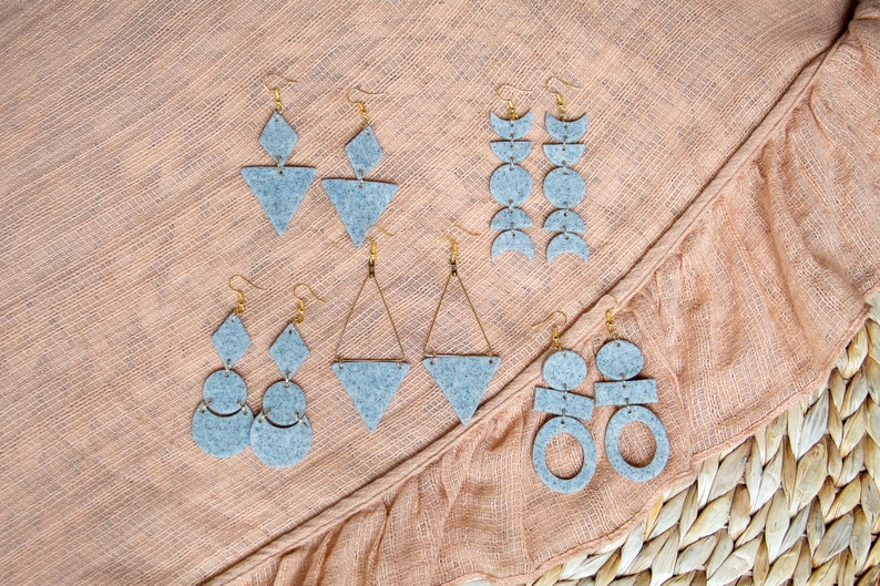 The Moon Phases in Granite Grey Moon Phase Polymer Clay Earrings Minimalist Geometric Statement