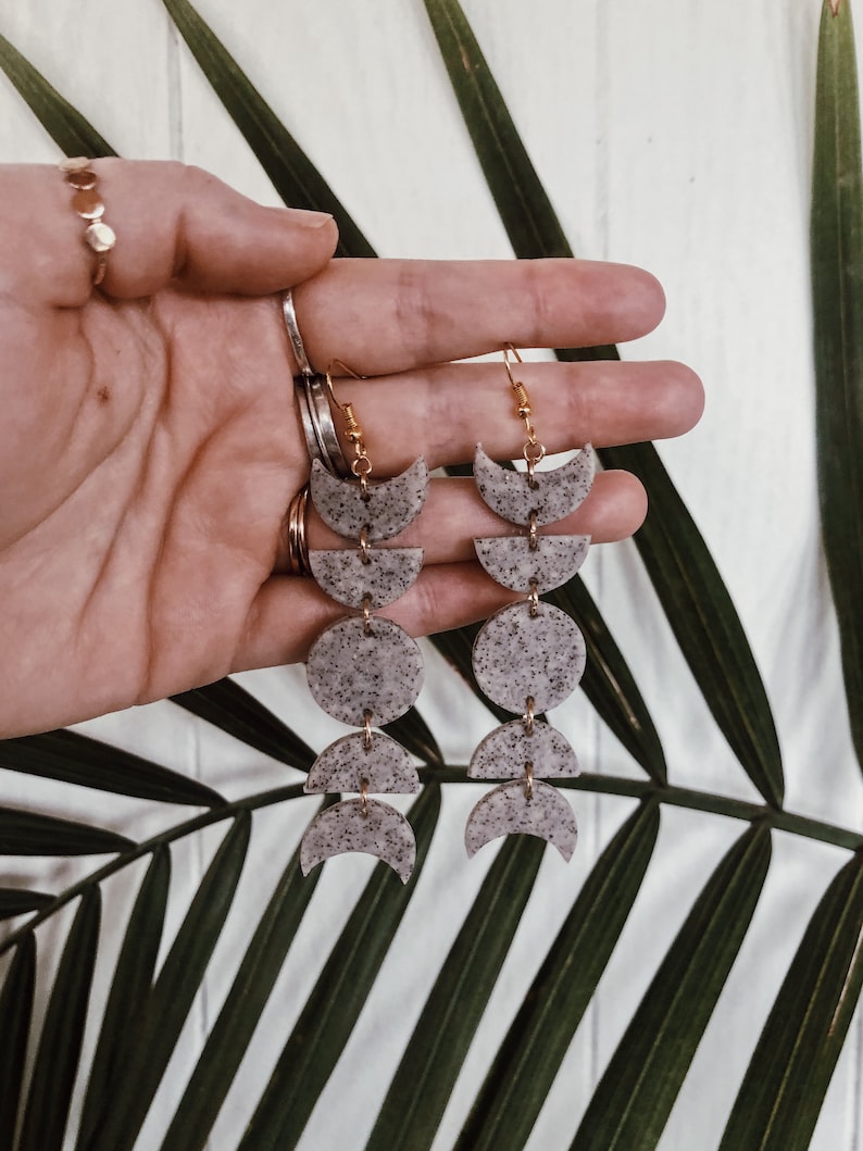 The Moon Phases in Granite Grey Moon Phase Polymer Clay Earrings Minimalist Geometric Statement