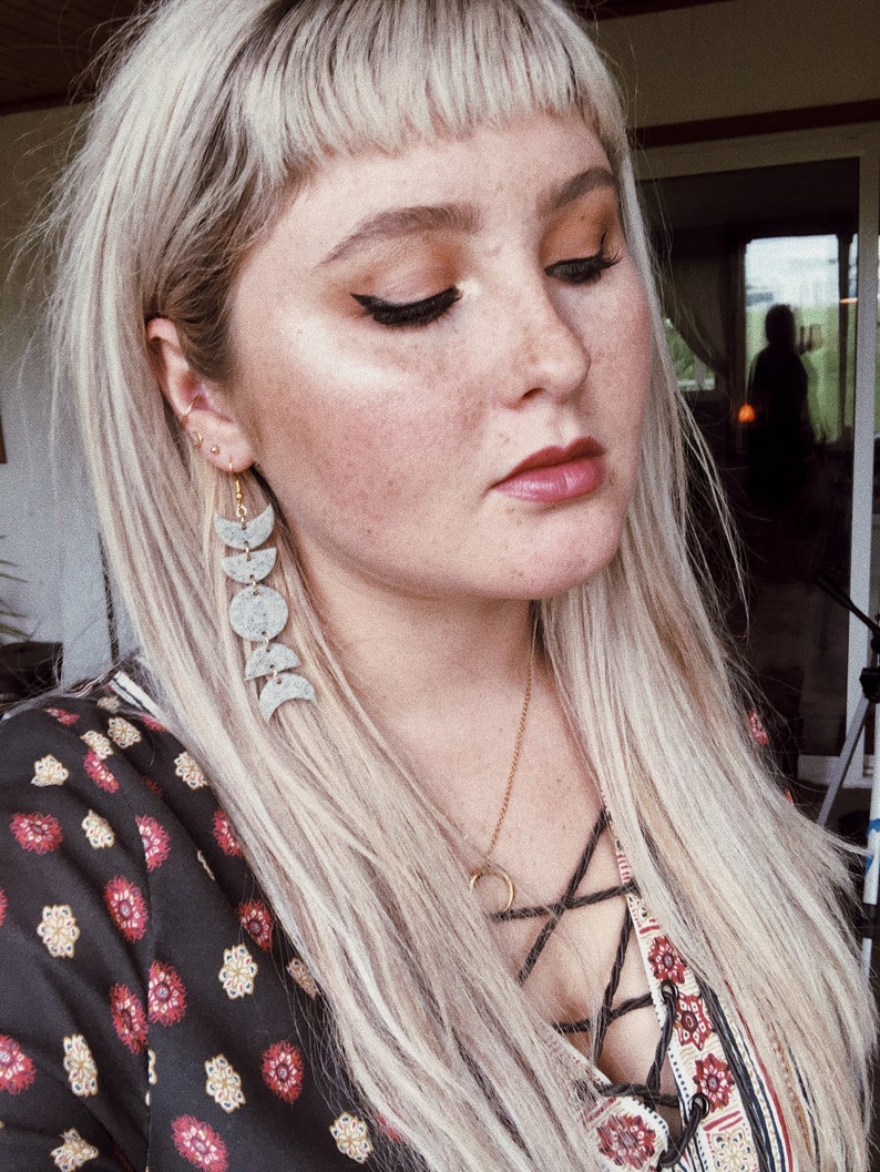 The Moon Phases in Granite Grey Moon Phase Polymer Clay Earrings Minimalist Geometric Statement