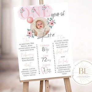 Printable baby milestone board, first birthday milestone poster template, 4 sizes available, instant download, editable template