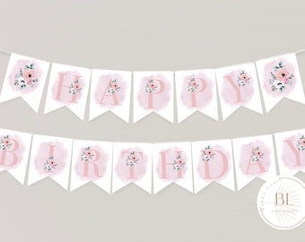 Floral birthday Bunting, girls party décor, matching party décor, pink party, A5 size bunting, digital download, girls birthday bunting