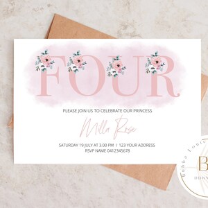 Pink floral 4th birthday invitation, Instant digital download, DIY birthday invitation, Editable digital template, 6&#39; x 4&#39; and 5&#39; x 7&#39;