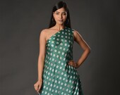 Green one off shoulder modal satin drape top with pants