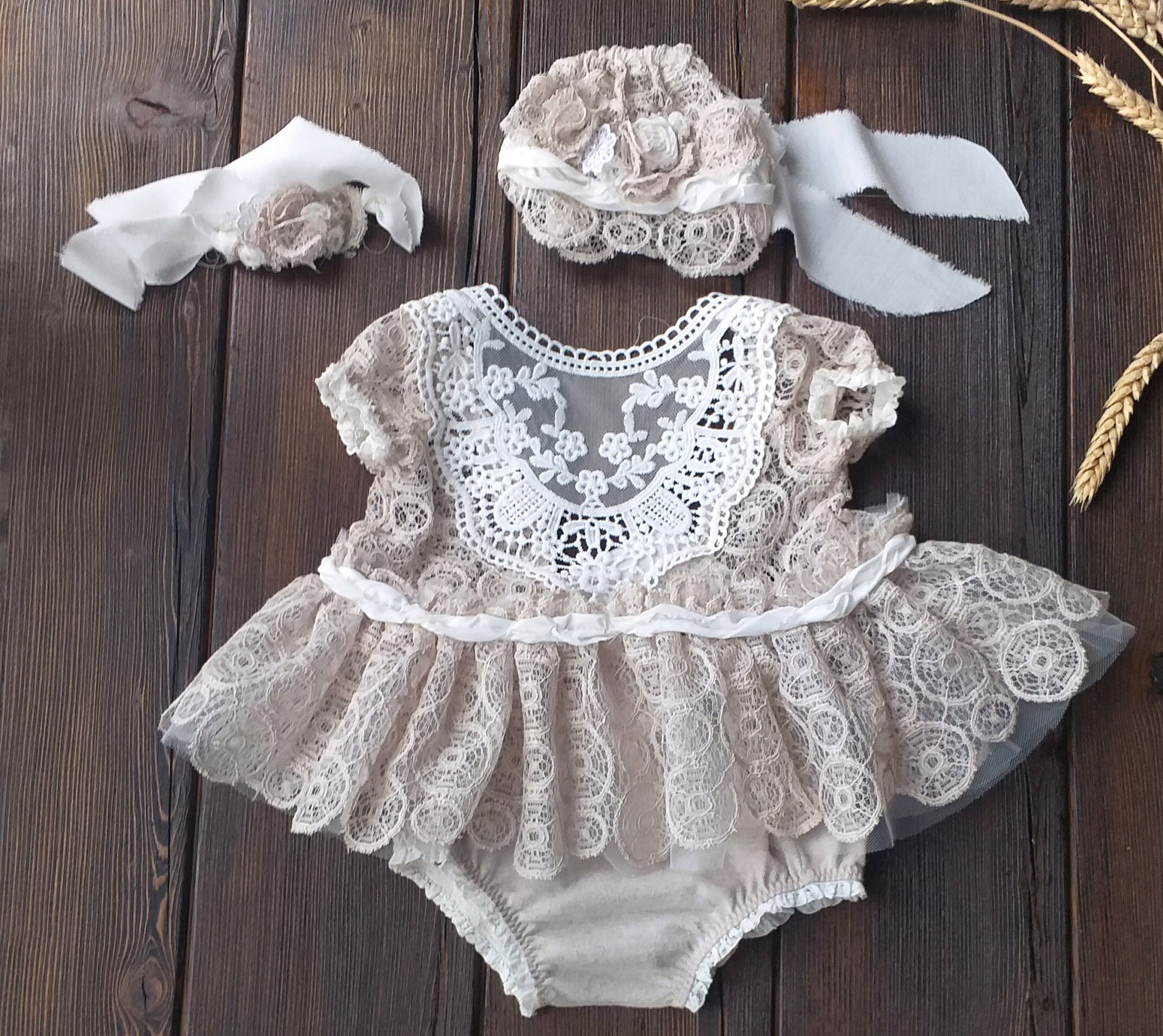 Newborn girl photo outfit set 4 piecesboho lace dress Etsy