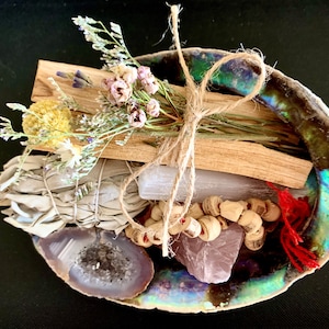Smudge Kit | Unpolished Abalone Shell, Healing Energy Sage, Palo Santo, Rose Quartz Crystal, Geode, Selenite & Prayer Necklace