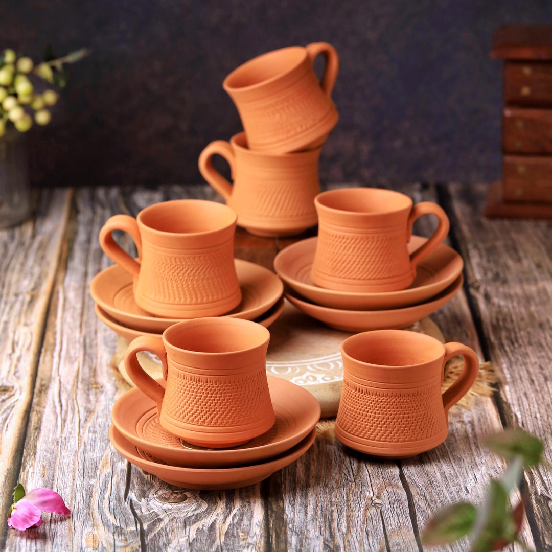 Rustic Cups Rustic Terracotta Tea Cups With Matching Saucers – 6 Set – 160ml ...